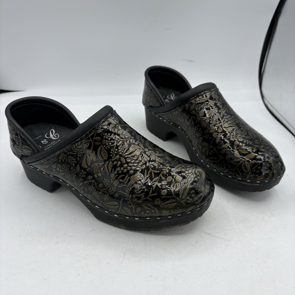 C & C Sweden Shoes Womens Size 8 US Clogs Slip On Pro Nurse Black Gold Leaf Flor